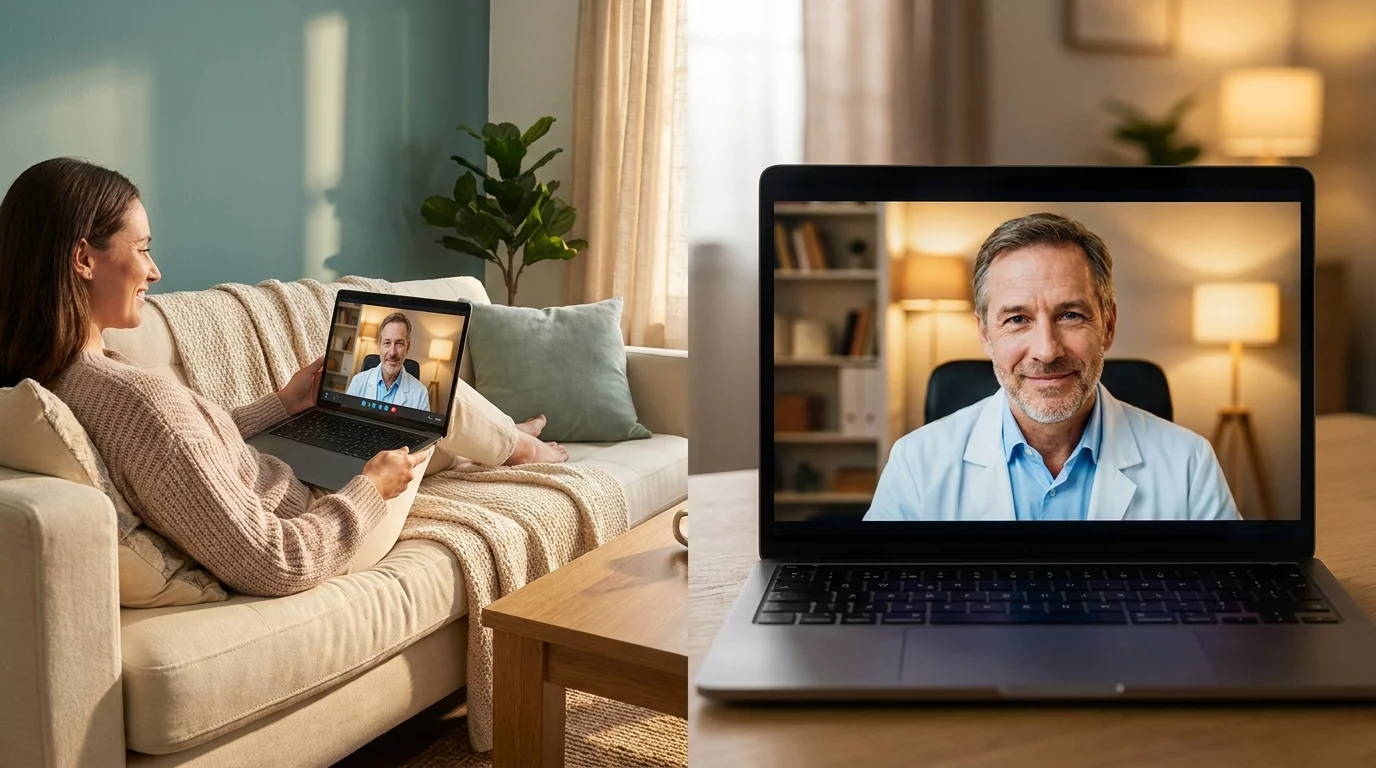Patient en teleconsultation video avec medecin sur ecran
