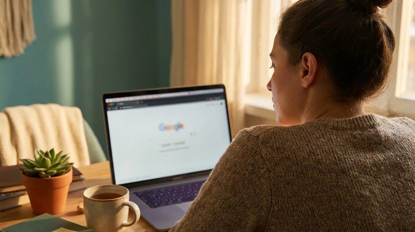 Personne perplexe devant ecran affichant resultats de recherche sante