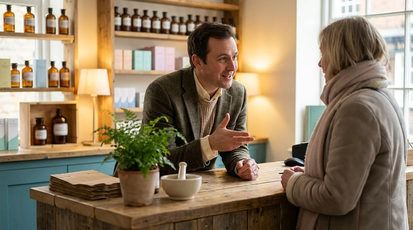 Pharmacien conseillant un patient au comptoir